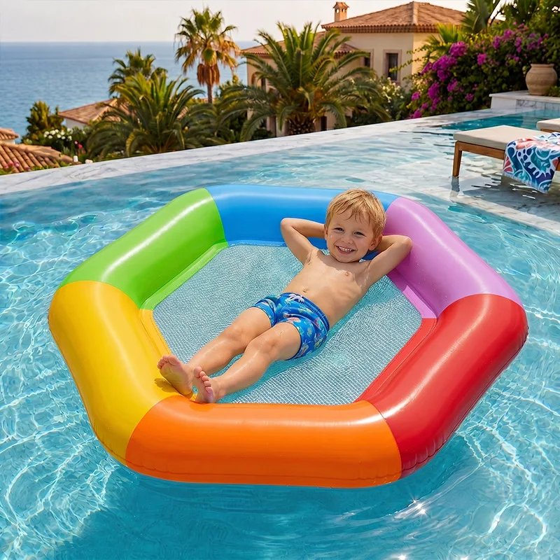 New Hexagon Colorful Inflatable Water Float Thick PVC Large Double Person Pool Lounger For Outdoor Beach Swimming Entertainment view 3