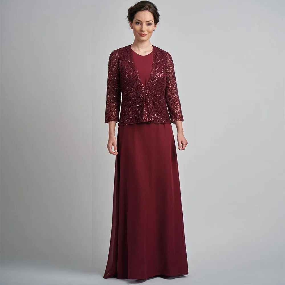 

Elegant Two Piece Burgundy Chiffon Mother Of The Bride Dresses For Weddings Floor Length Formal Party Evening Dress With Coat