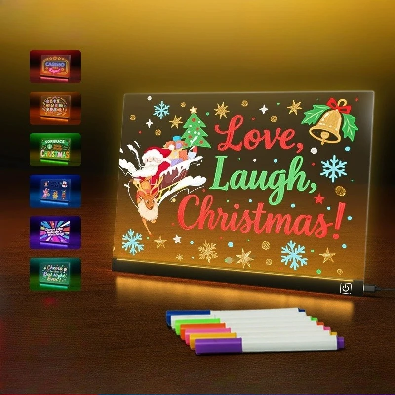 Bacheca per appunti a LED con luce notturna colorata 7 penne Bacheca in acrilico fai-da-te Tavolo da disegno per bambini Regalo di compleanno per bambini