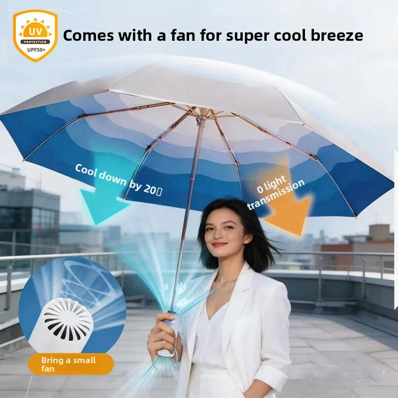 Cooling Fan Sun Umbrella with UV Protection Portable Folding Rain Parasol Built in Fan Summer Canopy Lightweight Travel Umbrella
