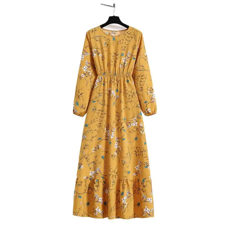 Primavera verão feminino maxi vestidos casuais manga cheia floral impresso o pescoço mulher bohe praia festa vestido longo mujer vestidos