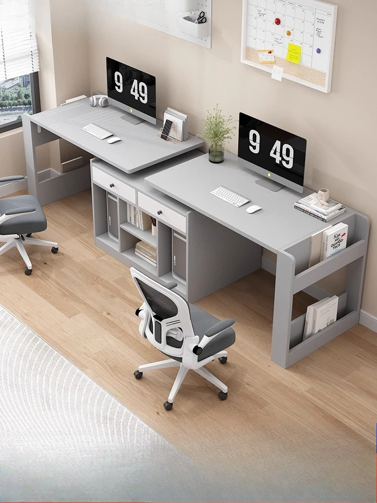 

Double long desk computer desk corner rotation simple modern student home bookcase office study bookshelf integrated