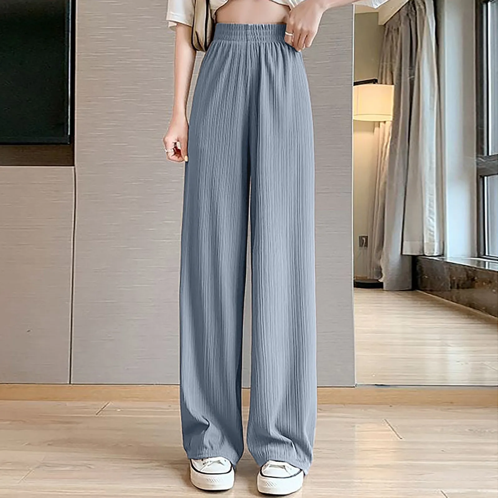 

Summer Cool Ice Silk Straight Pants Women Fashion High Waist Wide Leg Trousers Female Solid Sagging Feeling Baggy Casual Pants