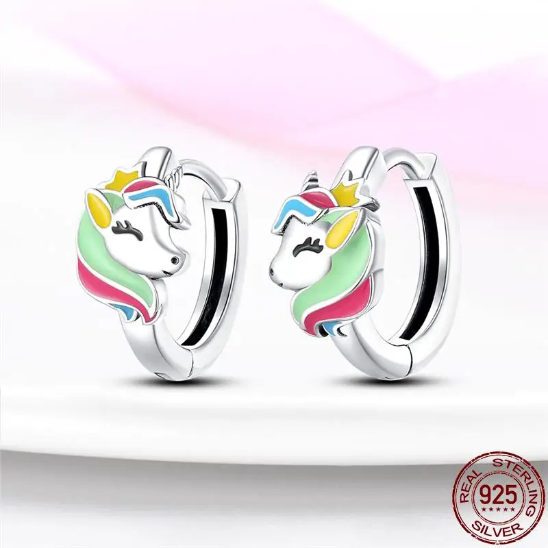 925 Moda Prata Rainbow Pony Brincos Para As Mulheres Studs Zircão Cúbico Colorido Estrela Brincos de Prata 925 Jóias Originais