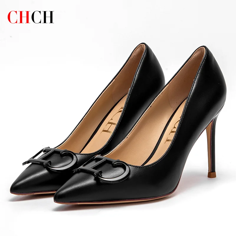 CHCH Women's High Heels New Pointed Metal Buckle Party Carnival Women's Shoes 9cm