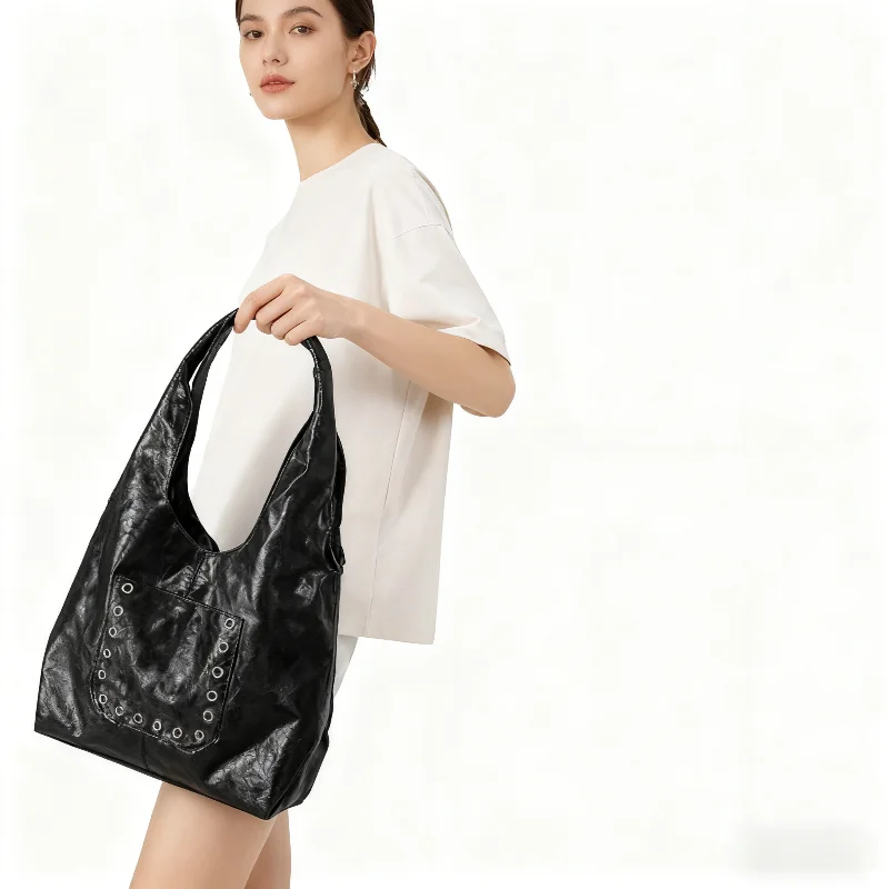 

Fashion Crinkled Leather Tote Bag Women Rivet Decor Design Handbag Brand Large Capacity Shoulder Bucket Bag Underarm Elegant Bag