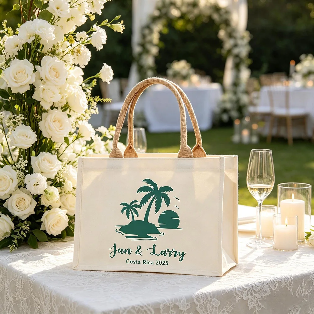 Custom Beach Wedding Tote Bag Free Printing Personalized with Couple Name and Date Large Cotton Canvas for Bride Bridesmaid Gift