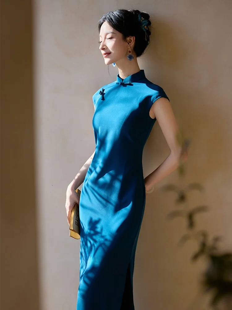 

Young Women's New Chinese Sle Qipao Blue Cold Sensation Improved Daily Wearable Simple Faionable Long Dr