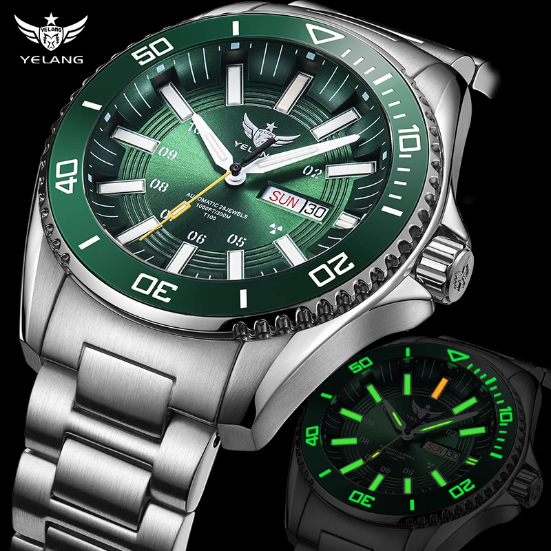 YELANG Automatic Mens Green Water Ghost Watches H3 T100 Self Luminous Wristwatch Waterproof 300m Turning Ceramic Bezel V1032