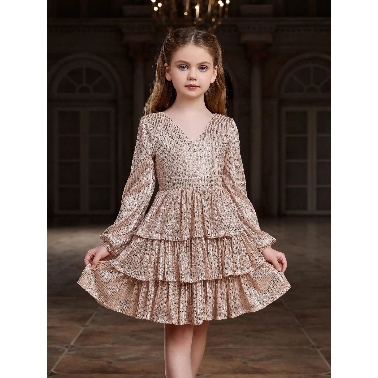 

Детские вечерние платья из тюля с V-образным вырезом, пайетками, рукавами-фонариками и многослойной А-образной юбкой, подходящие для мероприятий на красной дорожке и церемоний награждения.