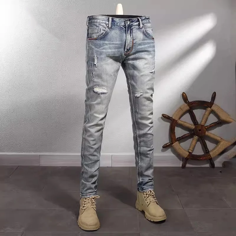 

Fashion Designer Men Jeans High Quality Retro Washed Blue Elastic Slim Fit Ripped Jeans Men Vintage Casual Denim Pants Hombre