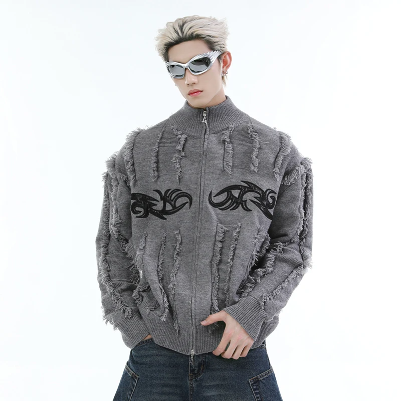 FEWQ Men's Knitted Cardigan Sweater Niche Fringed Metal Pattern Design Clothing Round Neck Versatile Casual Male Jacket 24E2810