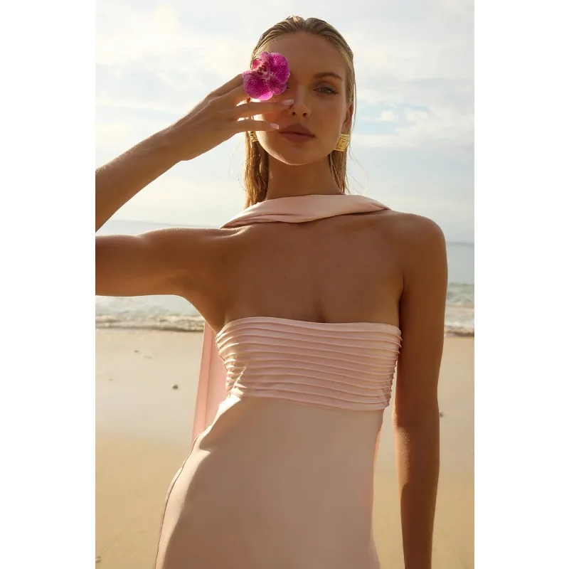 Abito da cocktail elegante da donna in tubino di raso Abito lungo da sera a sirena con spalle scoperte increspato per celebrità con nastro