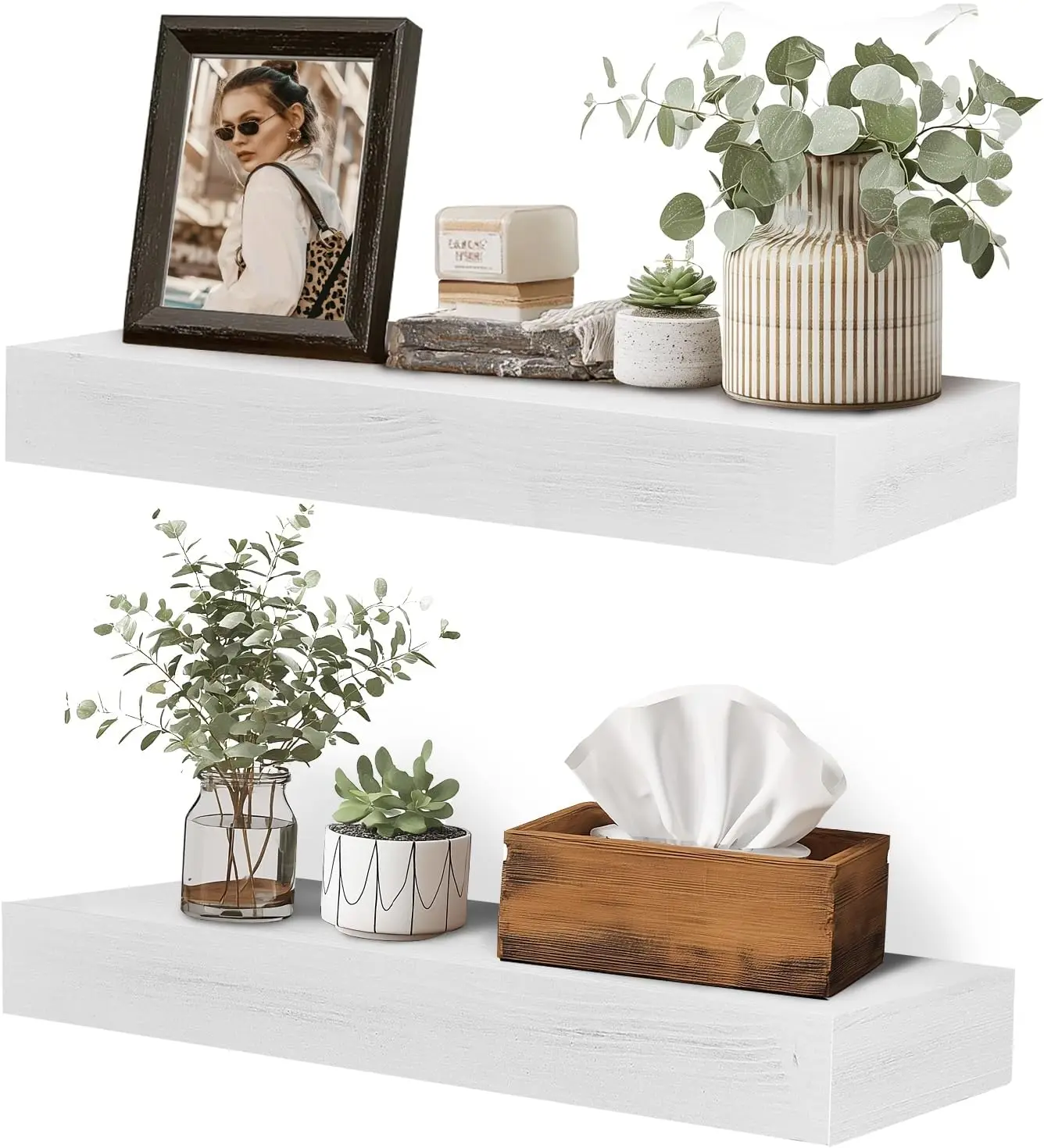 

17x6.8x2 Inch Rustic Floating Shelves for Wall Set of 2 - White Solid Wood Wall Mounted Shelves with Invisible Bracket,