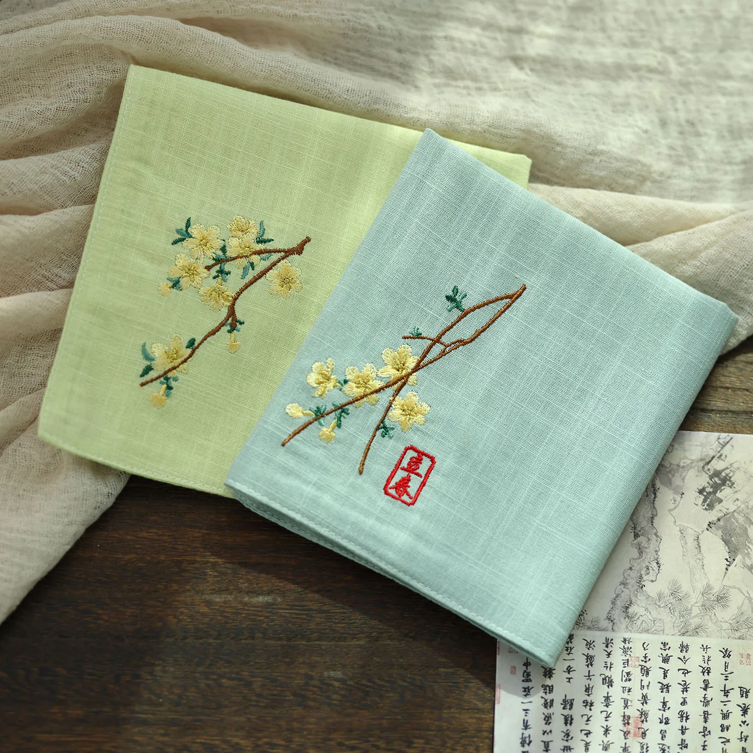 Chinese Style Winter Jasmine Embroidery Pure Cotton Handkerchief Unisex Traditional Hanfu Accessory Absorbent Sweat Wipe Multi