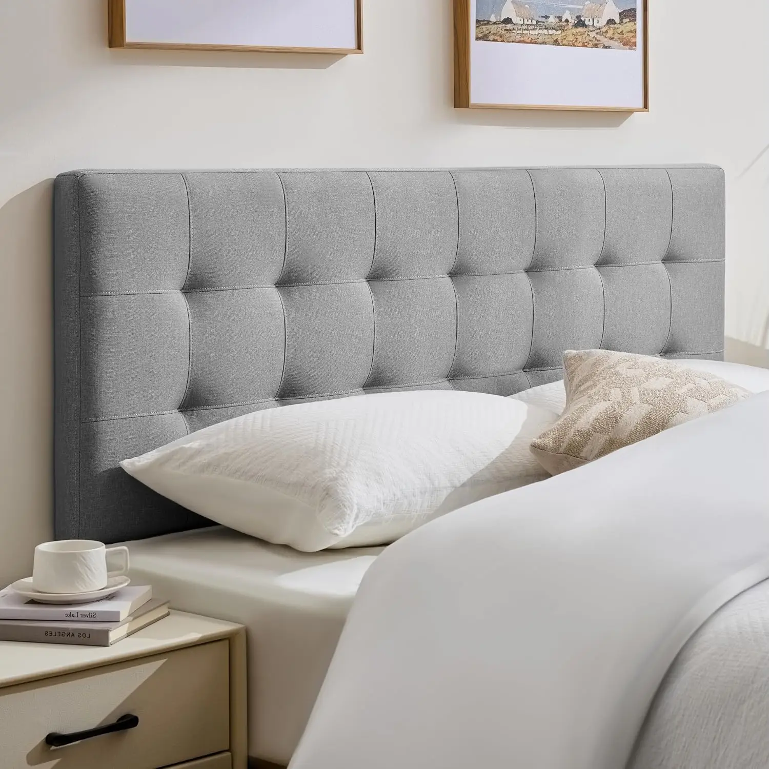 Linen Tufted King & Twin Headboard Adjustable 37.2-42.3 in Padded Support Reading Working Stable Non-Slip Fits Frame, Customized