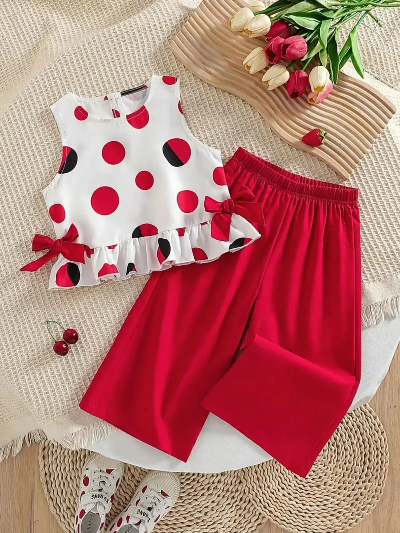 Girls' Summer Casual Polka Dot Sleeveless Top And Wide Leg Pants Set with Ruffled Bow Design Perfect for Shopping Parties And Va