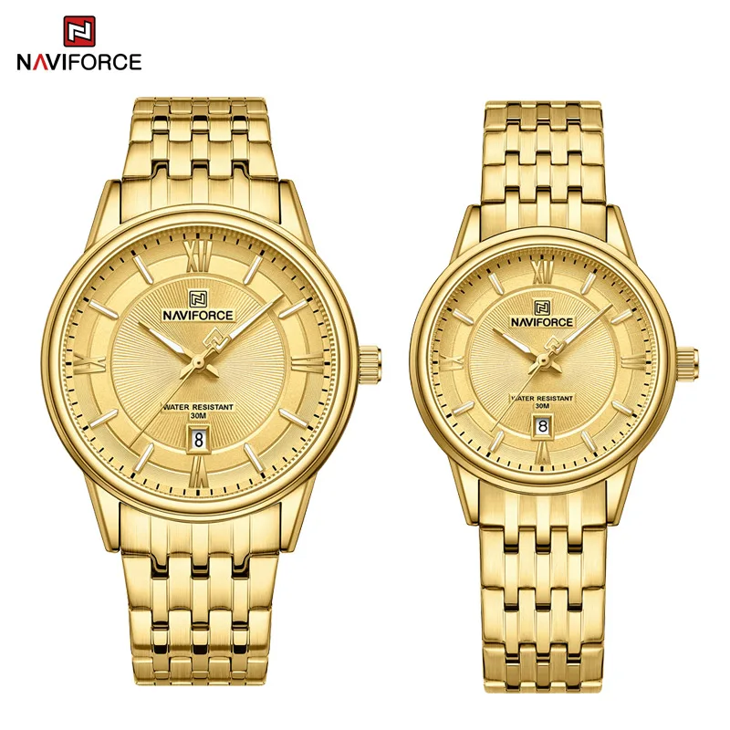 NAVIFORCE Pareja Reloj de pulsera de cuarzo de lujo Relojes con correa de acero inoxidable de moda para hombre y mujer Reloj luminoso resistente al agua de lujo