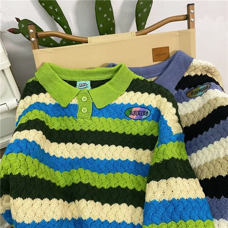 Colorblock twist POLO collar knitted sweater for women in autumn loose design color label top Japanese style gentle style jacket