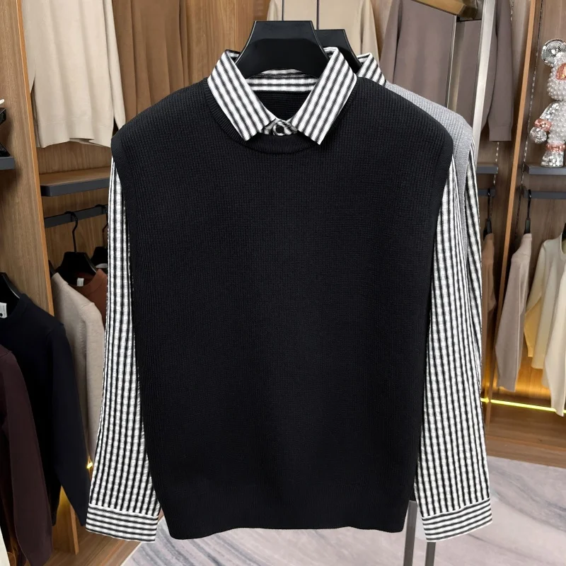 Luxury Men's Autumn Long Sleeves Knitting Fake Two-Piece Trend Brand Keep Warm Sweater Leisure Fashion Underwear Men's Clothing