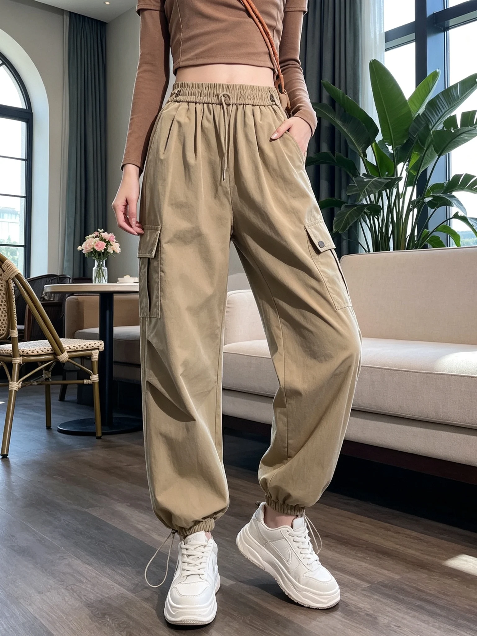 Khaki Workwear Pants Women's Loose Elastic Waist Drawstring Cuffed Multiple Pockets Casual Harlan Long Pants Autumn Early