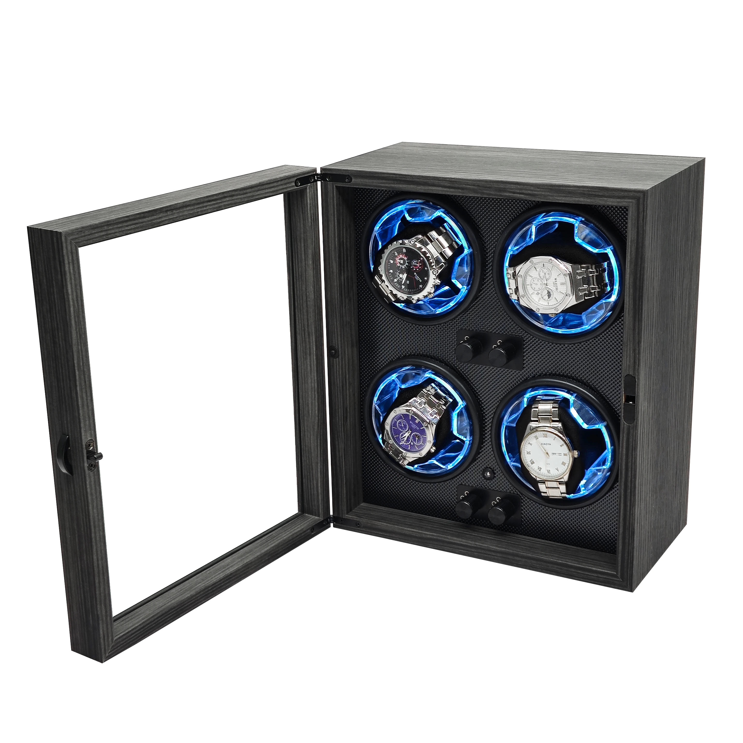 Watch Display Luxury Black Walnut Grain 2 4 Slot Rotating Stop Open Function Watch Winder Storage Box With Active Muting view 3