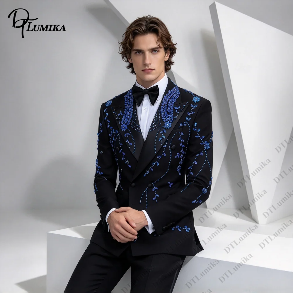 Tailored Double Breasted Mens 2 Piece Suit Blue Floral Embroidery Blazer Pants Slim Fit Custom Size XXS-7XL Formal Tuxedo Suit