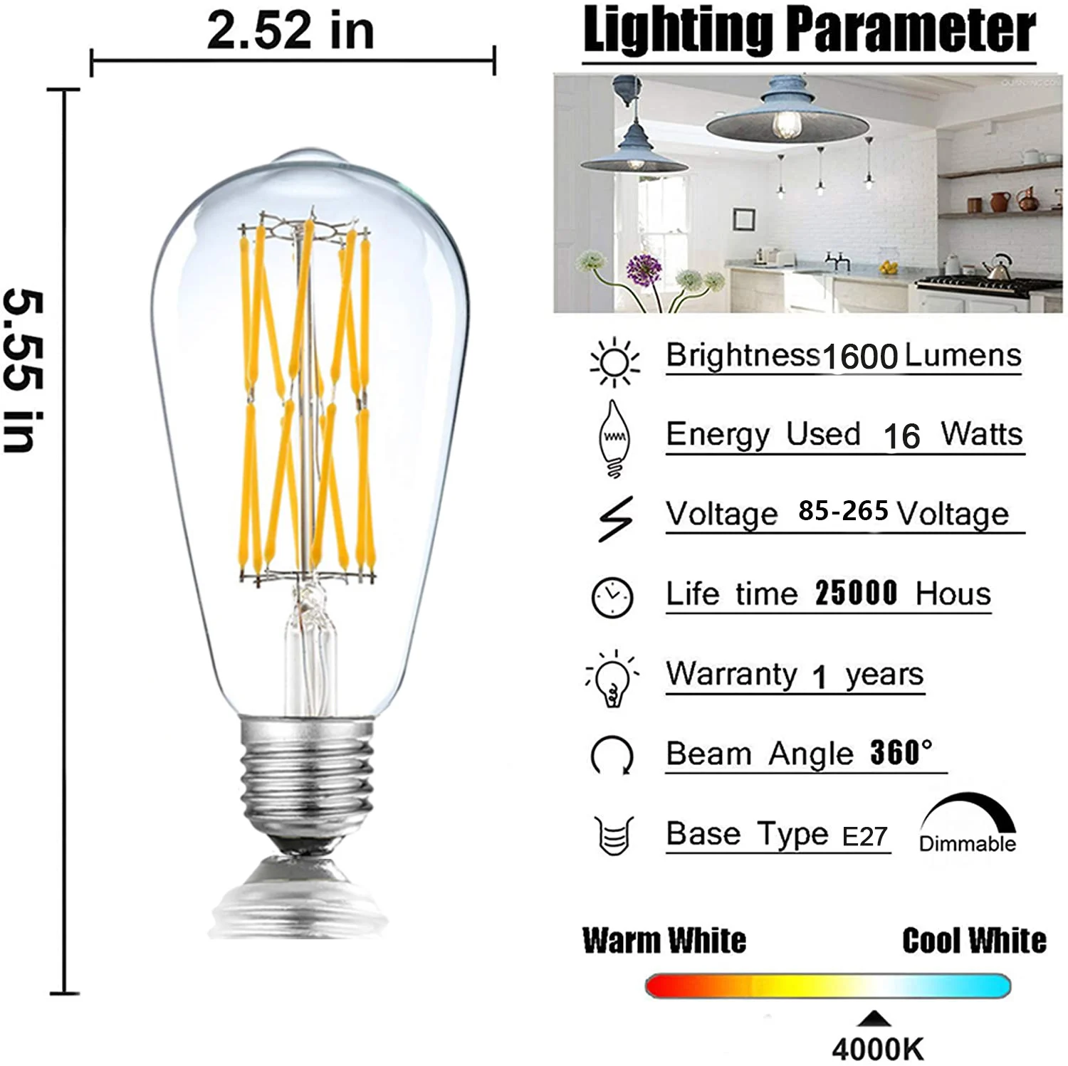 E27 Retro Edison LED Filament Bulb ST64 12W 16W 85-265V Light Bulb Glass Warm White Natural White 4000K Bulb Decorative Light