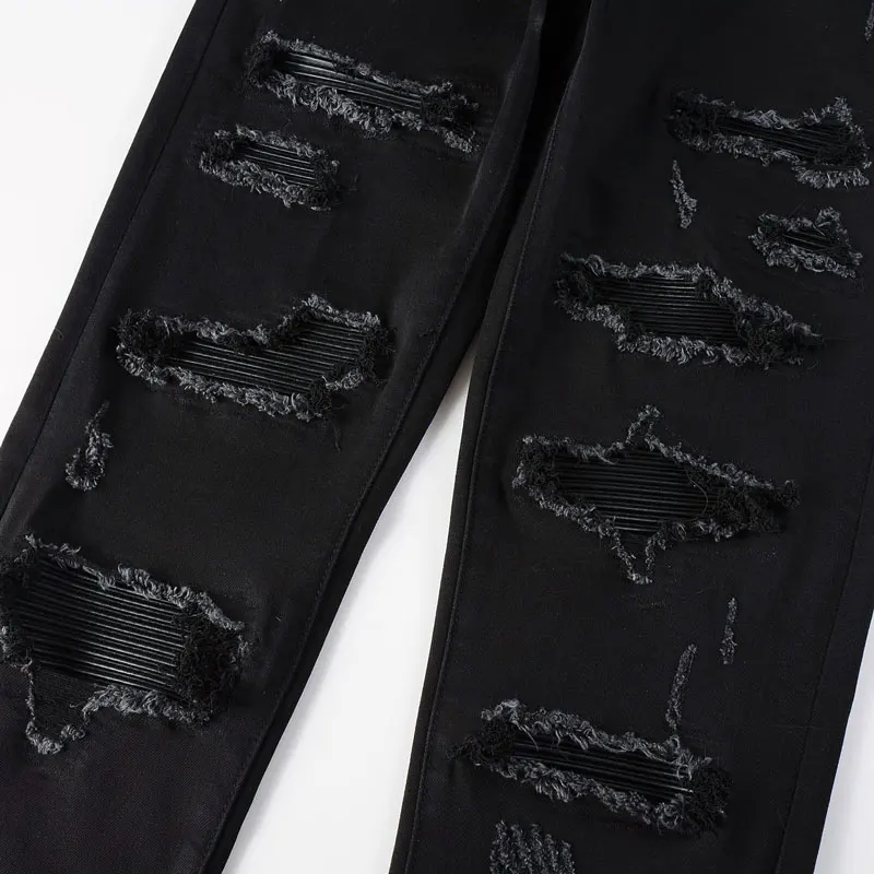 Y2K designer men's jeans with patchwork patches, elastic slim fit, washed black jeans, high street designer hip-hop brand pants,