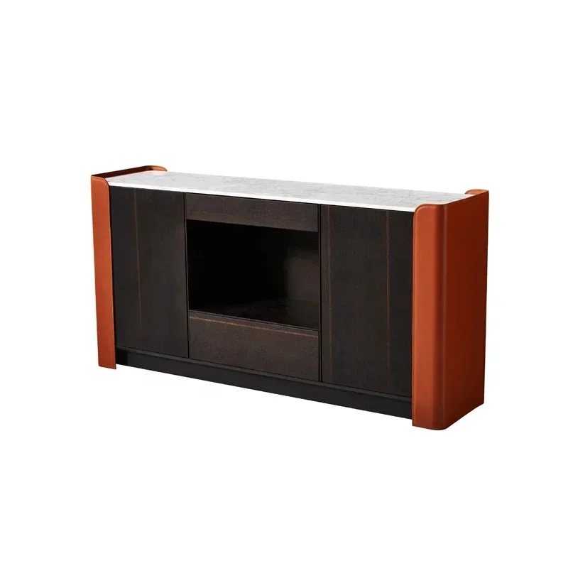 Luxury Home Furniture Saddle Leather Marble TV Cabinet Coffee Table