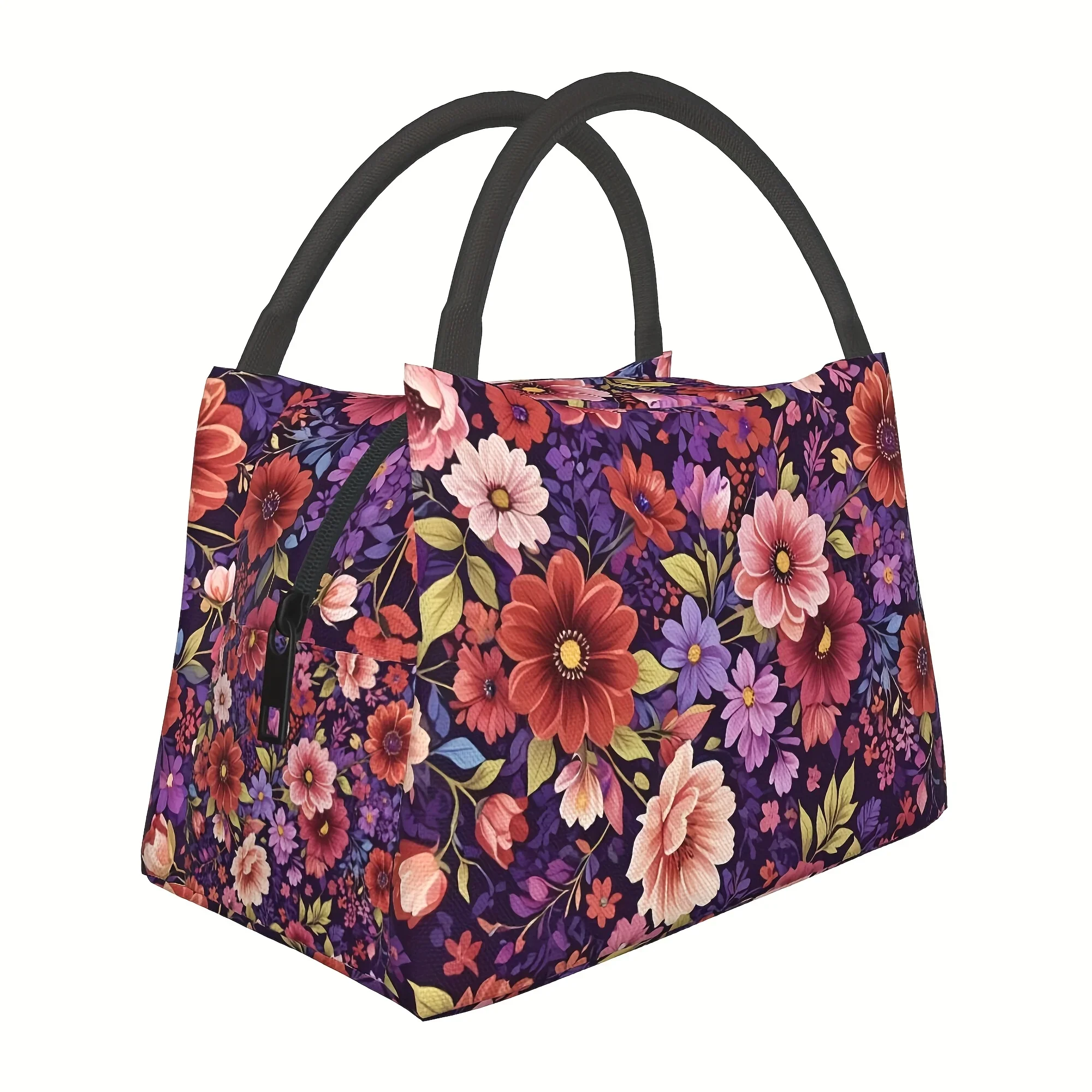 Floral Bloom Insulated Lunch Bag Durable Polyester Oxford Cooler Tote for Women