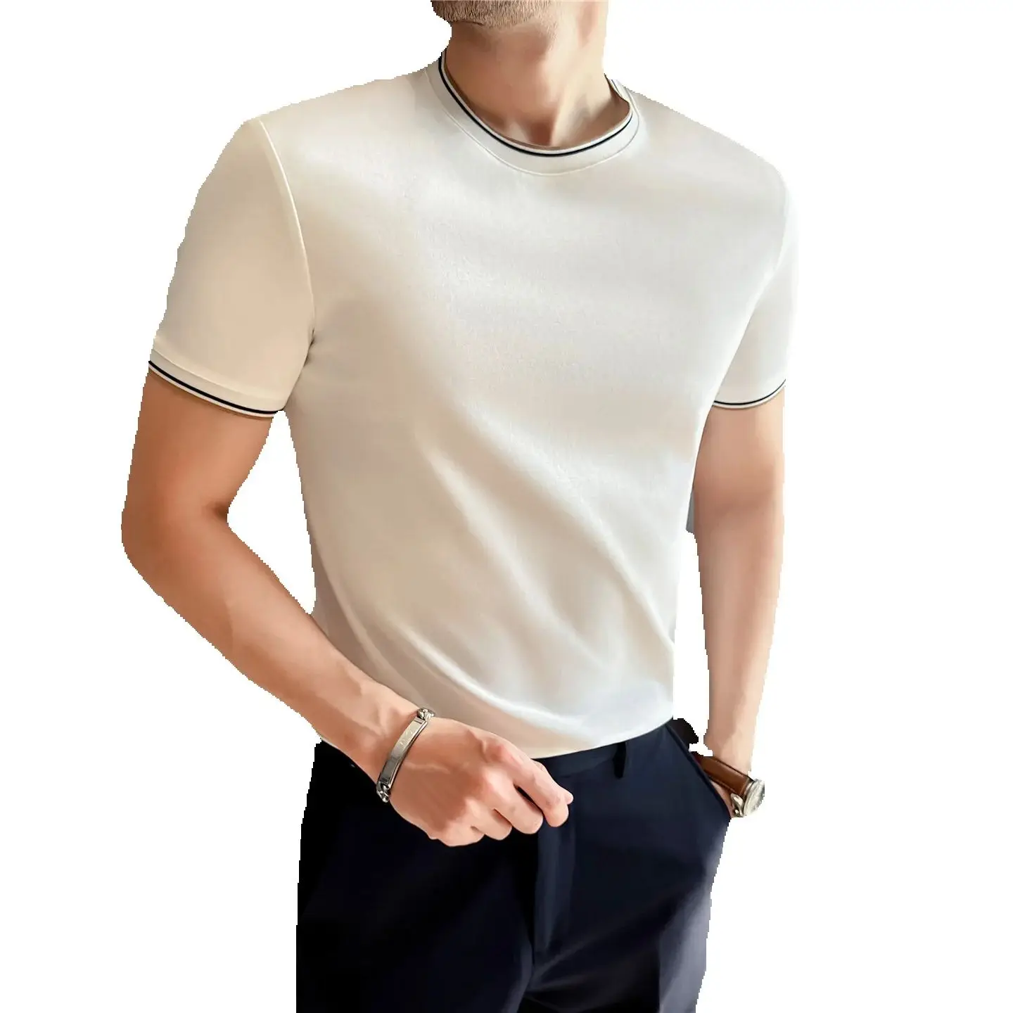 Men's 7A Antibacterial Color-Blocked Rib Mock Two-Piece T-Shirt | Liquid Ammonia Cotton, Business Casual Basic