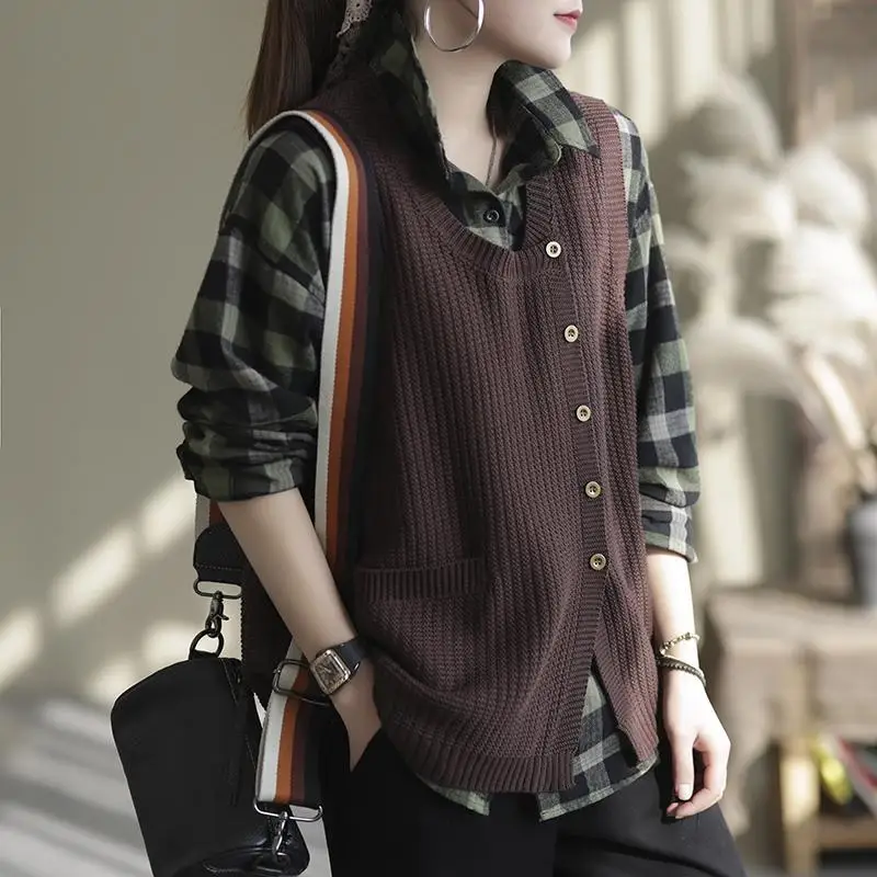 Fashion Solid Color Button Pockets Asymmetrical Vest Sweater Women\'s Clothing 2022 Autumn New Loose All-match Casual Tops