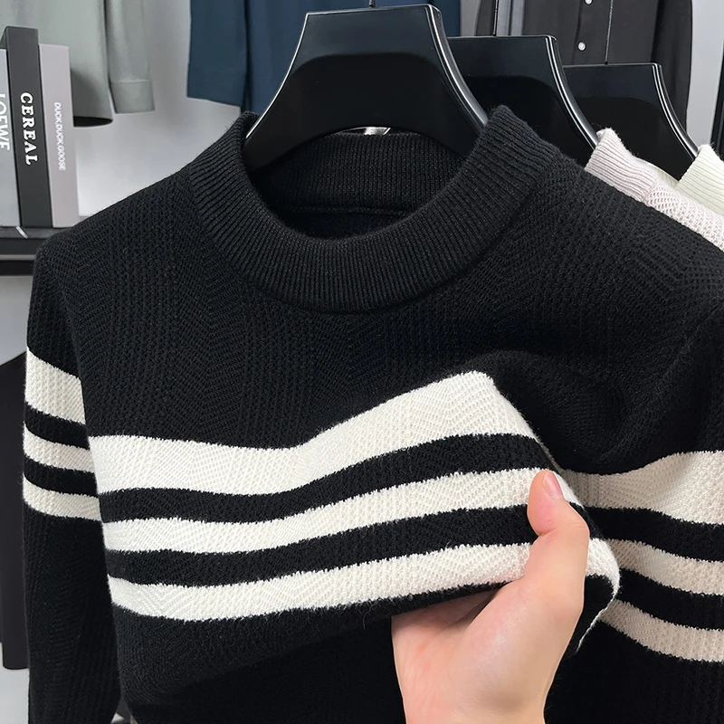 men's autumn winter long sleeves high quality sweater round neck stripe keep top warm knitwear leisure innerwear men's clothing
