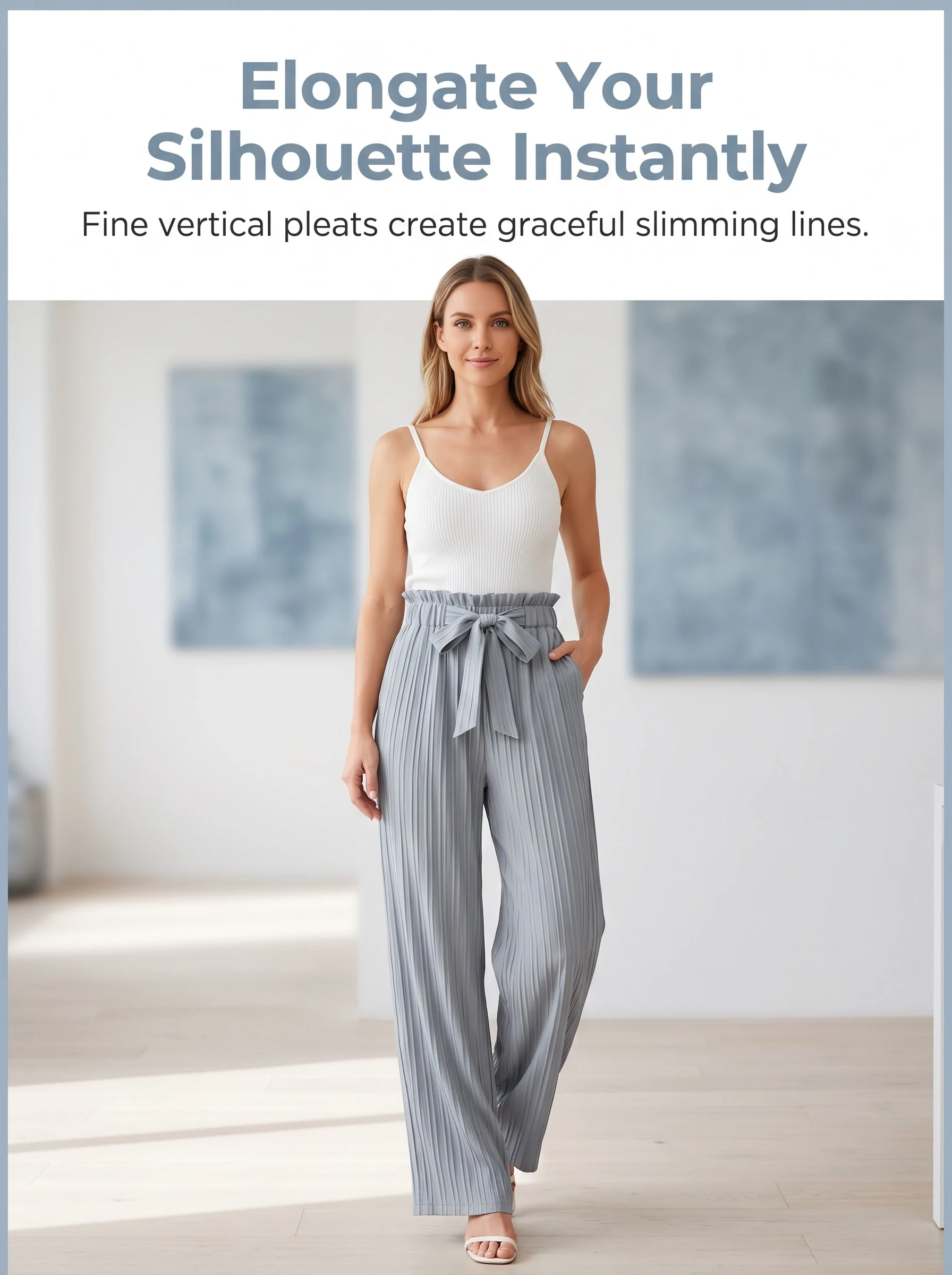 Staubblau Plissierte Hose mit Bindegürtel, Weites Bein, Hohe Taille mit Rüschenbesatz, Lässige Drapierte Hose – Detail 4