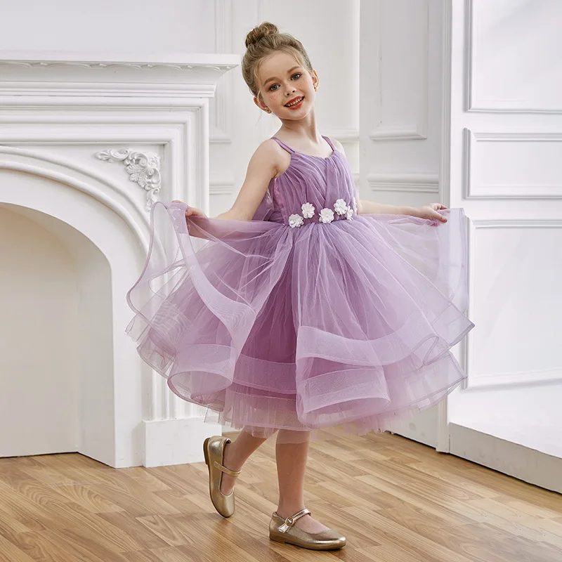 Girls Purple Flower Princess Dress Children Spaghetti Strap Birthday Party Performance Flower Girl Wedding Tulle Puffy Dress