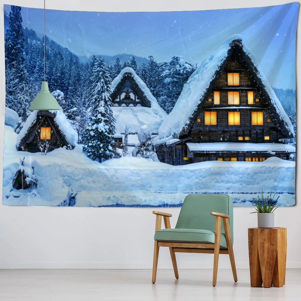 Christmas decoration tapestry, Christmas tree, snow view, fireplace, Christmas gifts, room wall decoration, living room, bedroom