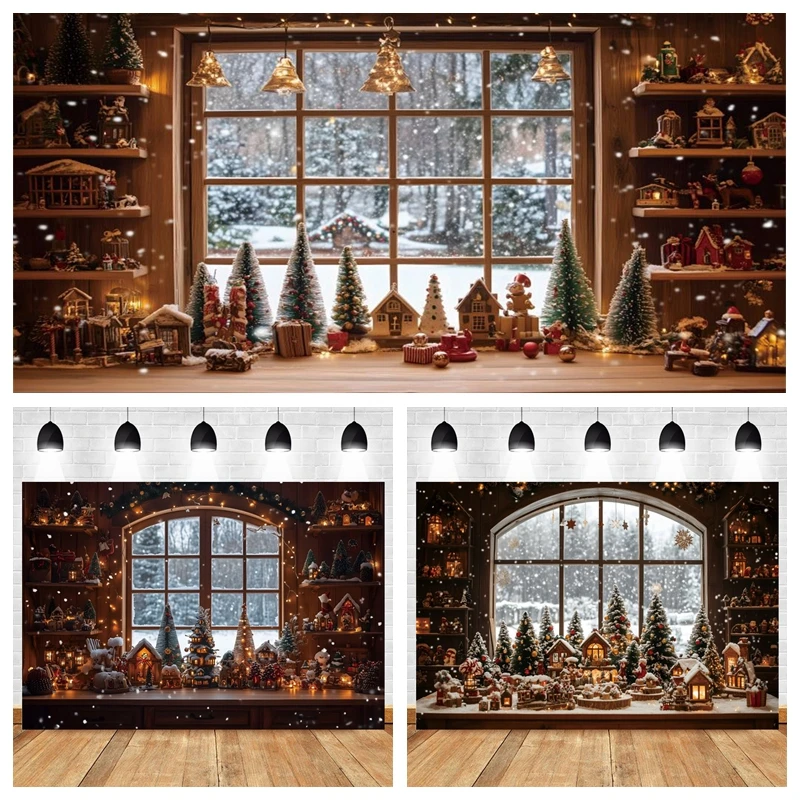 

Winter Merry Christmas Wooden Window Backdrop Photography Toy Xmas Tree Baby Photo Photographic Party Background Photo Studio