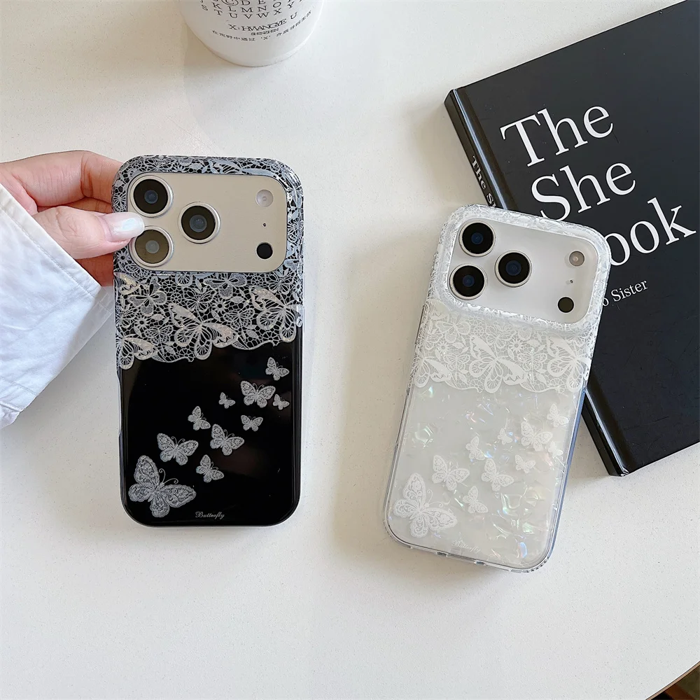 Kawaii Lace Butterfly Pattern Case For iPhone 15 16 17 18 Pro Max Black Pearl Shell Aesthetic Shockproof Phone Protective Cover