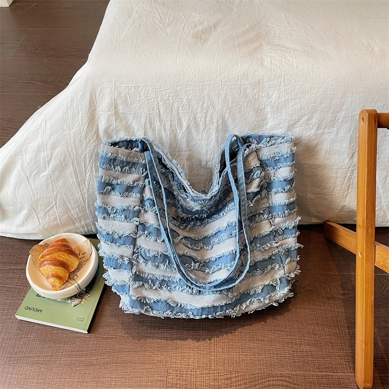 Women Black White Striped Fringe Tote Bag Large Capacity Raw Edge Textured Shoulder Shopper Bag Vintage Casual Shopping Handbag