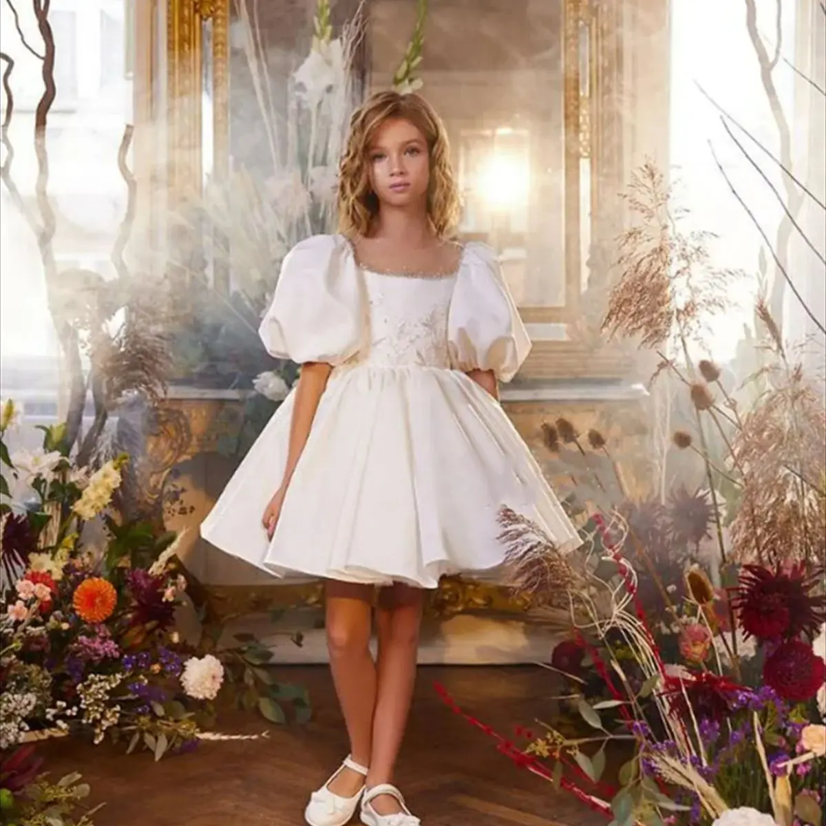 Vestido macio de renda de tule para florista, branco, brilhante, elegante, primeira criança, eucarística, festa de aniversário, casamento