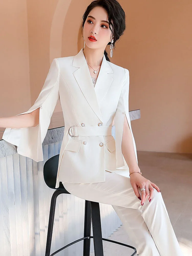 

Women's Double-breasted Flare Sleeve Blazer and Pants Set Chic Office Lady Suit Sashes Summer 2024 Trouser Suit 2 Pcs Sets