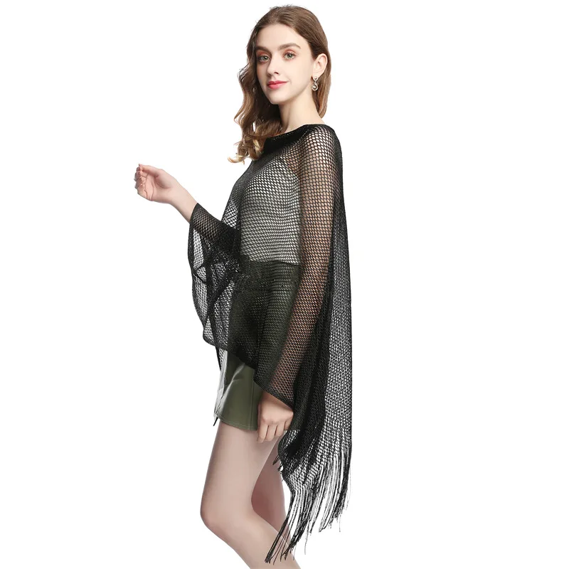 Women Sun Protection Shawl Lady Hollow Out Summer Poncho Holiday Bikini Blouse Breathable Beach Cape Tassel Solid Color Cloak