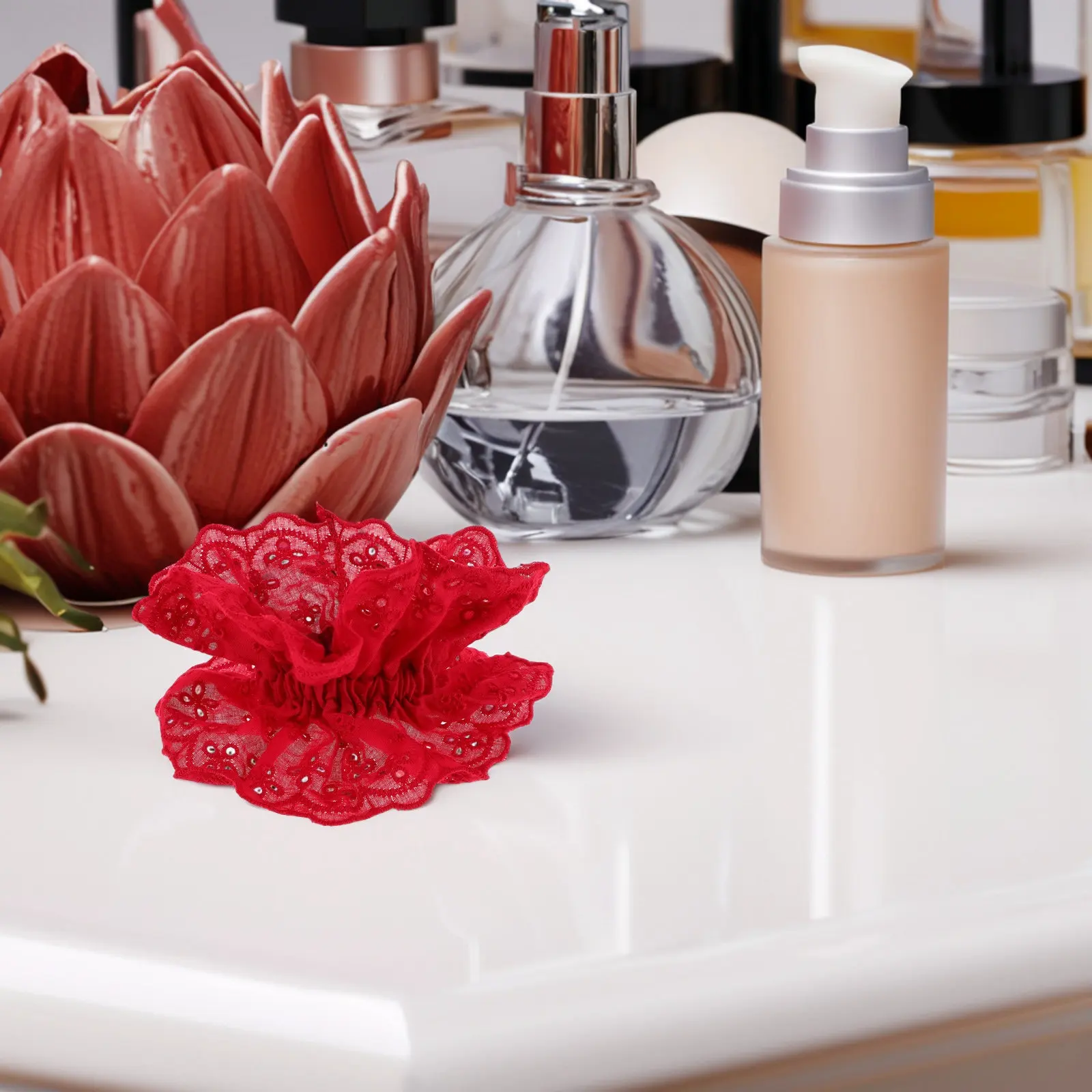 

Double Layer Red Lace Scrunchies for Women Girls Elegant Hair Ties Elastic Ponytail Holders Floral Hair Bands Accessories