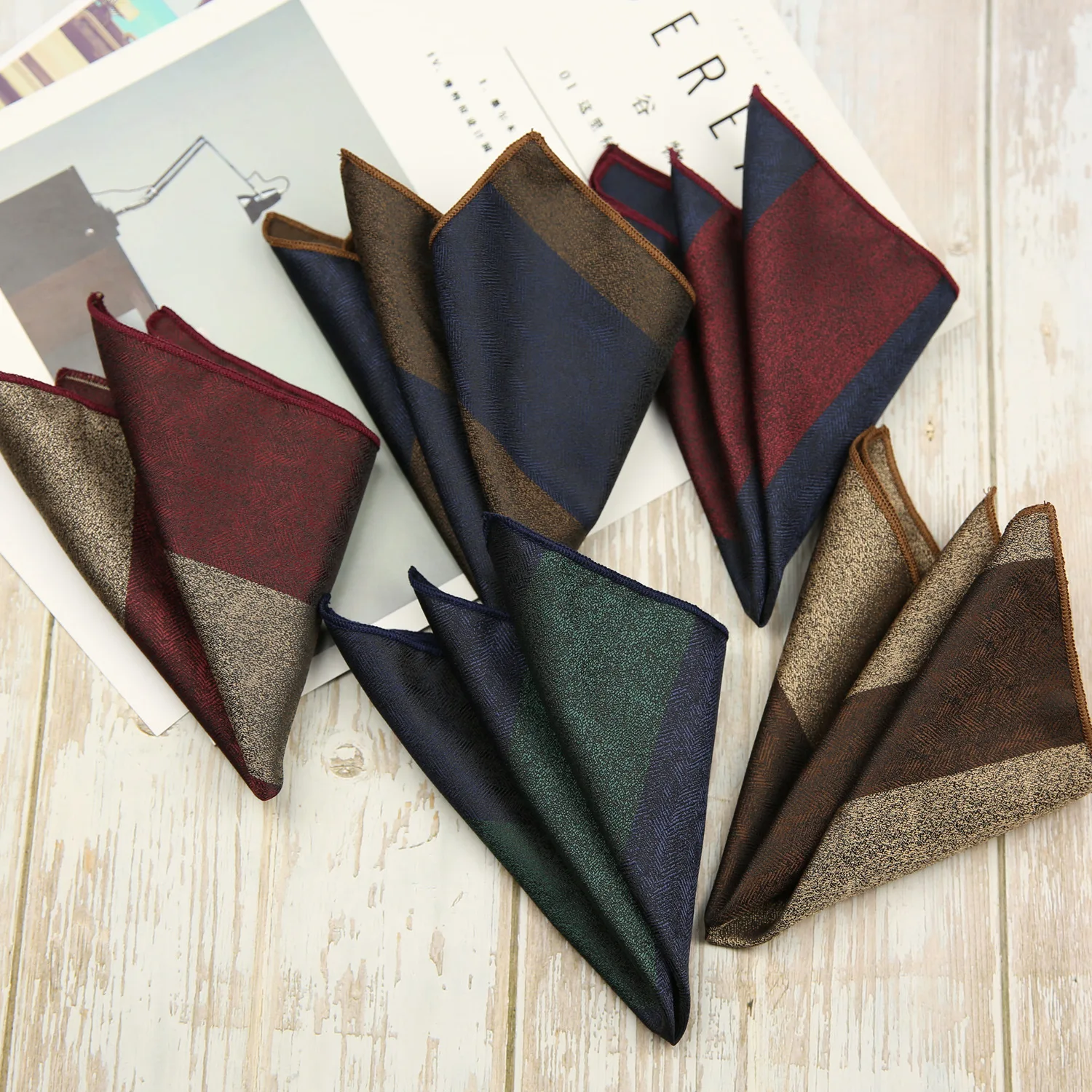 23CM Men Silk Pocket Square Brown Red Striped Handkerchief Business Soft Hanky Wedding Party Suit Accessories Cravat Chest Towel