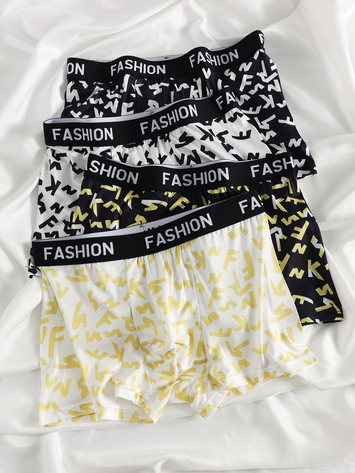  Men's 4-Pack Patterned Boxer Briefs - "FASHION" Waistband, Stylish Letter Print Underwear Set 