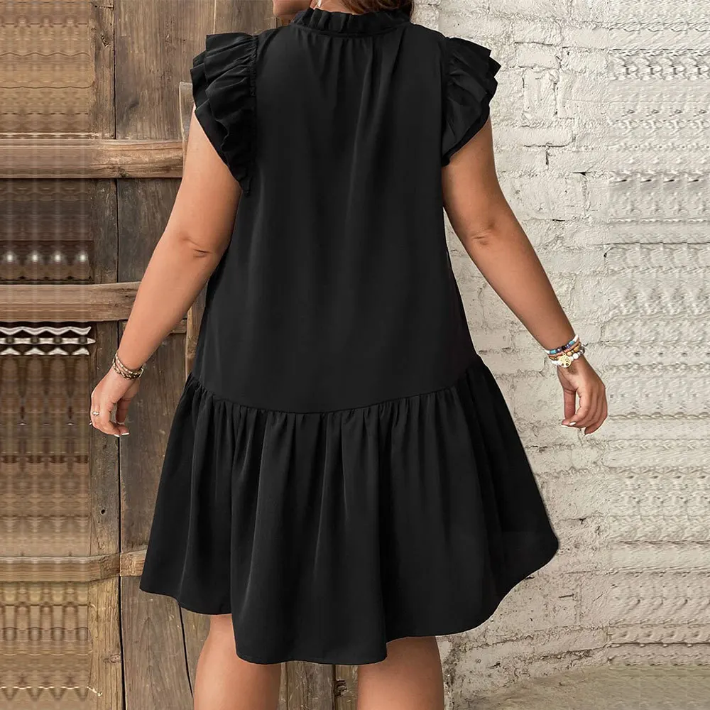 Plus Size Dresses 2024 Spring Summer New Plus Size Women's Loose Casual Ruffle Collar Lace Up Vacation Style Black Midi Dress