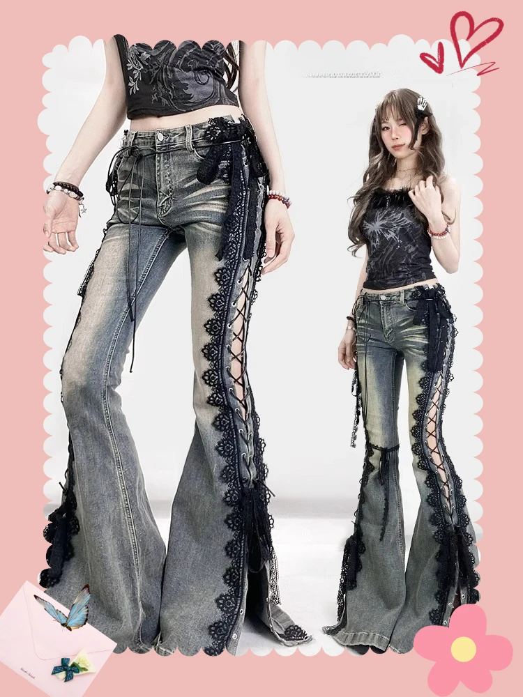 

Street Vintage Y2k Lace Strap Split Denim Pants Women Straight Loose Wide Leg Pants 2025 Summer Streetwear Bell Bottom Jeans