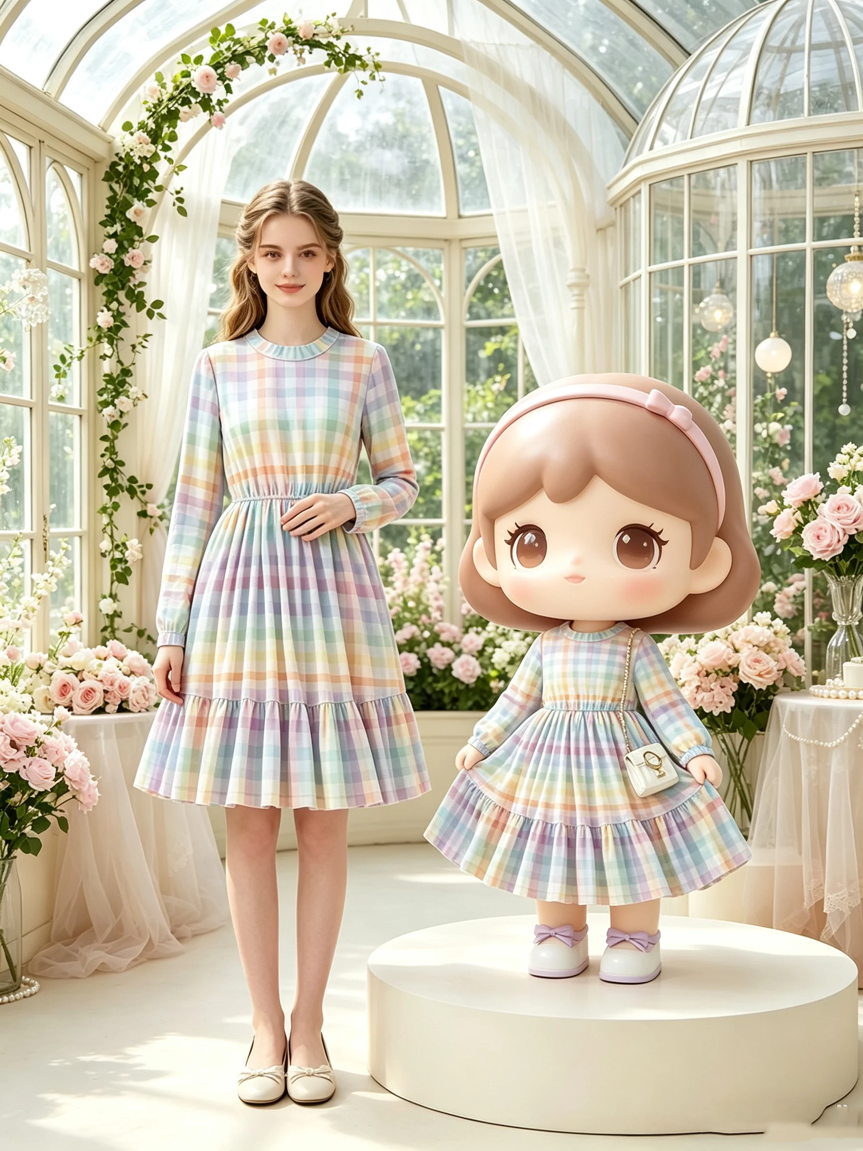 Girls' Colorful Checkered Long Sleeve round Neck Dress Autumn Casual Waist Cinched Skirt Children's Clothing