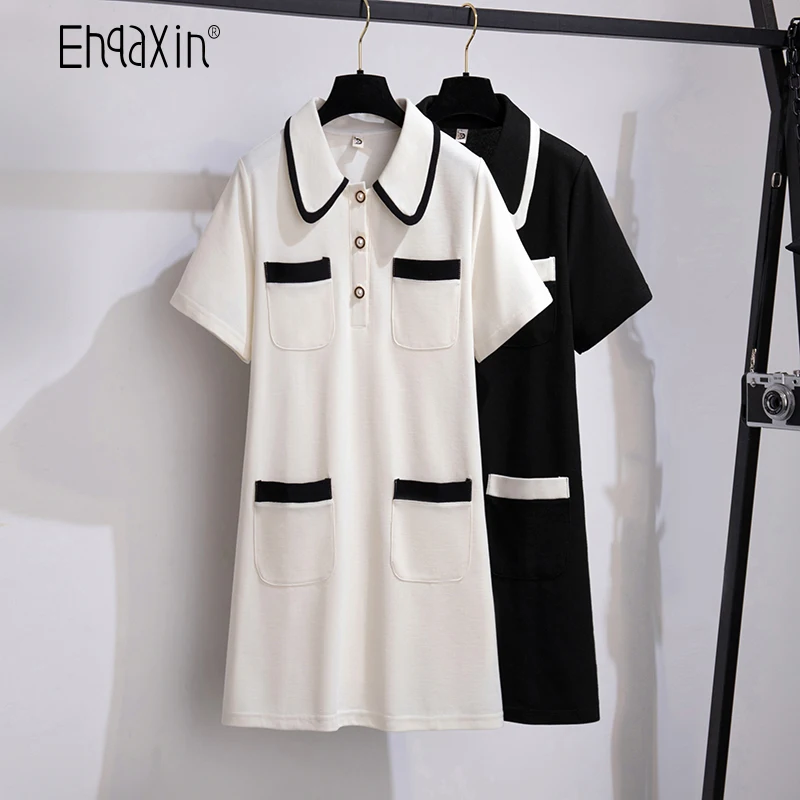 

EHQAXIN New Ladies Dress 2022 Summer Fashion Loose Buttons Lapel Short Sleeve Pullover Dresses Womens With Pockets L-4XL